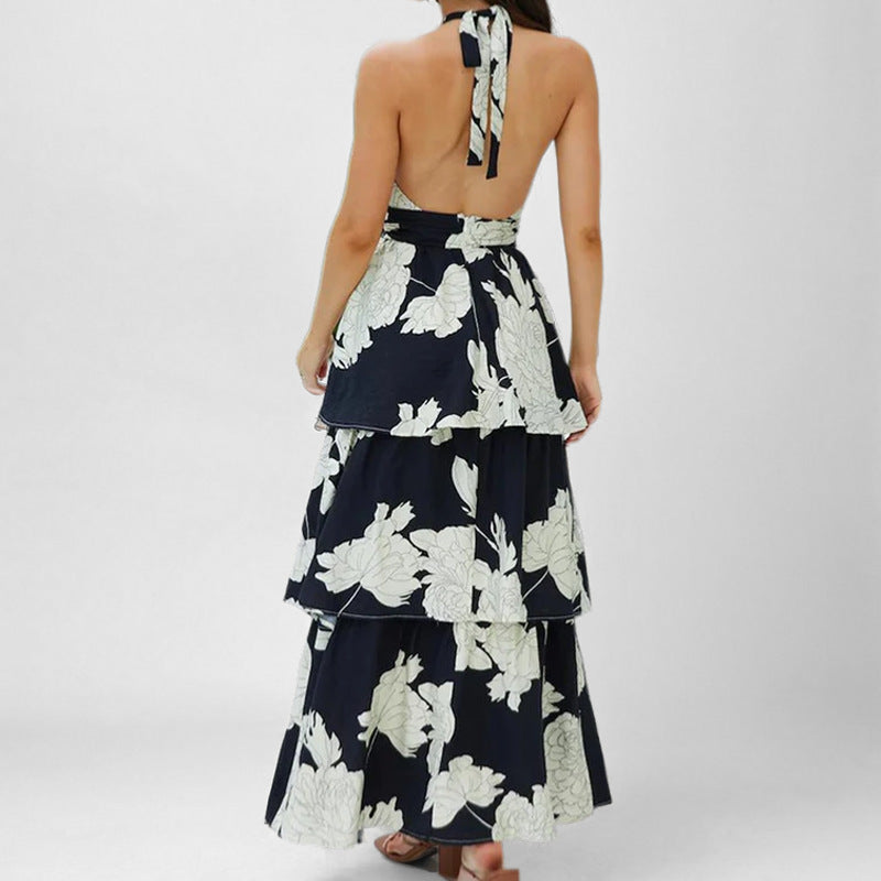 Robe longue femme – Dos nu – Imprimé fleuri – Jupe à volants