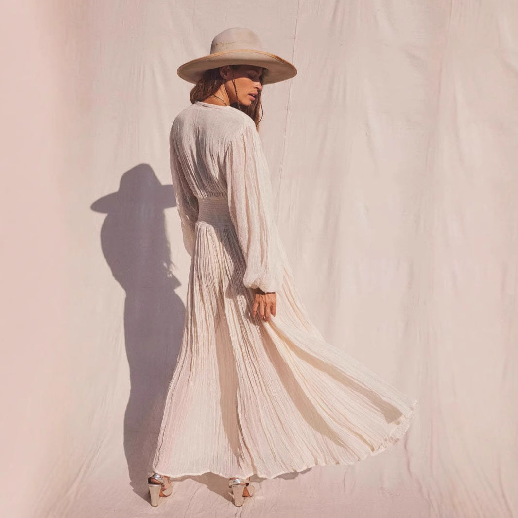Robe de plage femme – Coton léger – Maxi fluide – Manches longues – Col en V