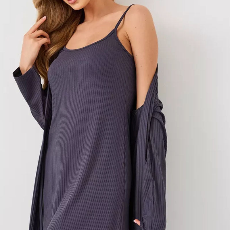 Ensemble Loungewear Femme – Maille Côtelée Douce – Robe Ajustée et Peignoir Ample