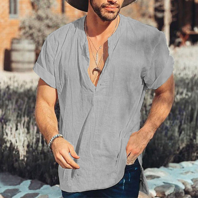 Casual men's shirt – Loose fit – Short sleeves – Breathable natural fibers – V-neck