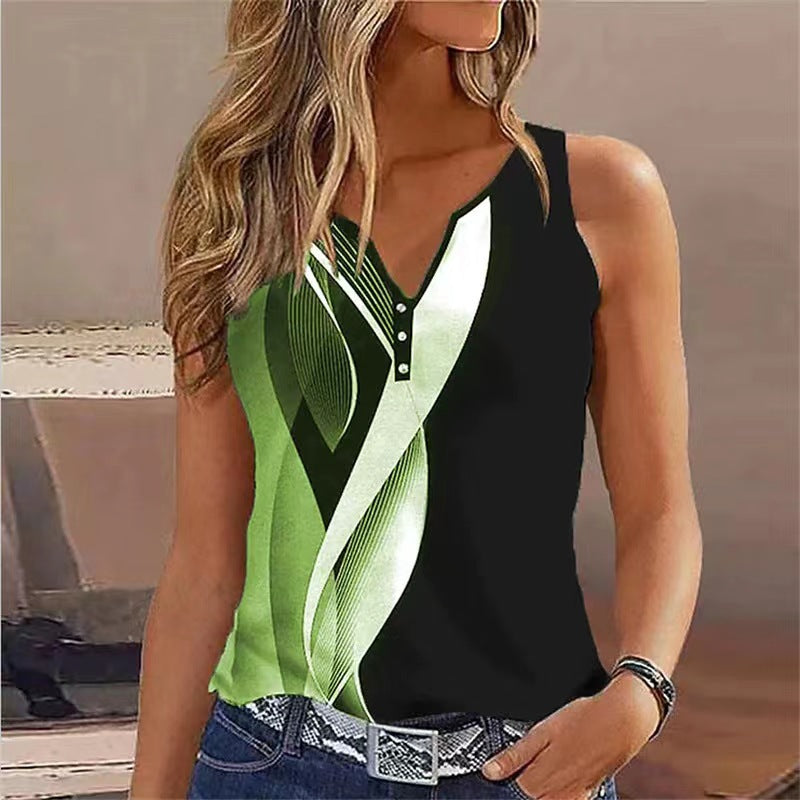 Women's sleeveless top – V Neck – Flowy cut – Decorative buttons – Breathable fabric