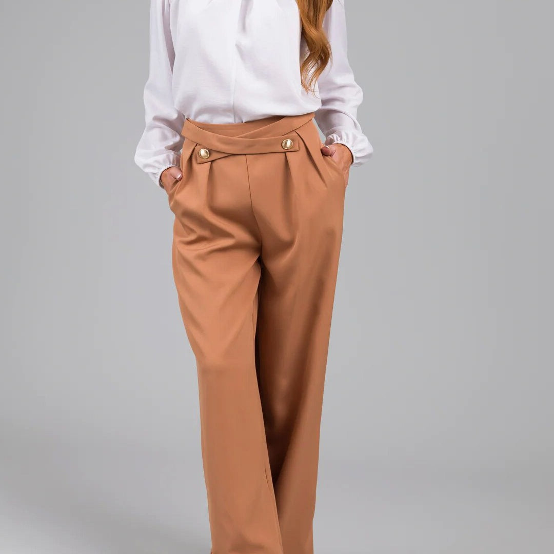 Pantalon Femme Large – Taille Haute – Boutons Décoratifs – Tissu Fluide – Longueur Totale
