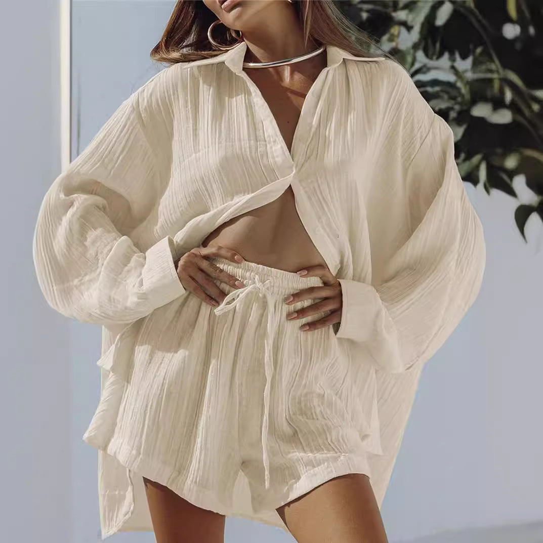 Women's Set – Long Oversized Shirt with Long Sleeves – Elastic Waist Shorts