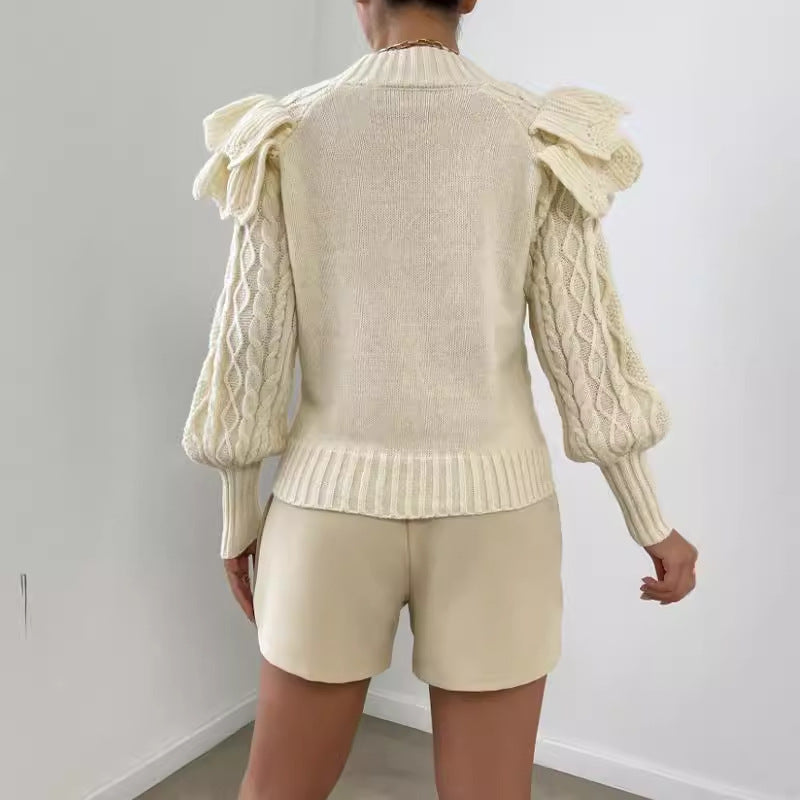 Pull femme – Coupe courte – Manches longues – Épaules à volants