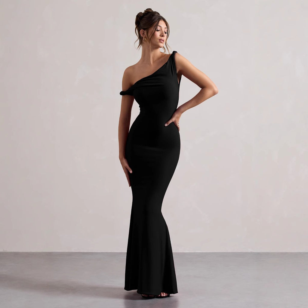 Women's long dress – Asymmetrical neckline – Fitted cut – Elegant breathable fabric