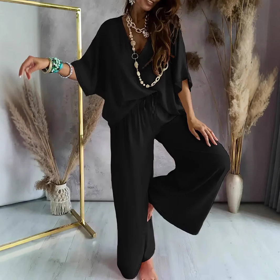 Women's Set Wide-Leg Pants and V-Neck Top – Loose Fit – Soft Breathable Fabric