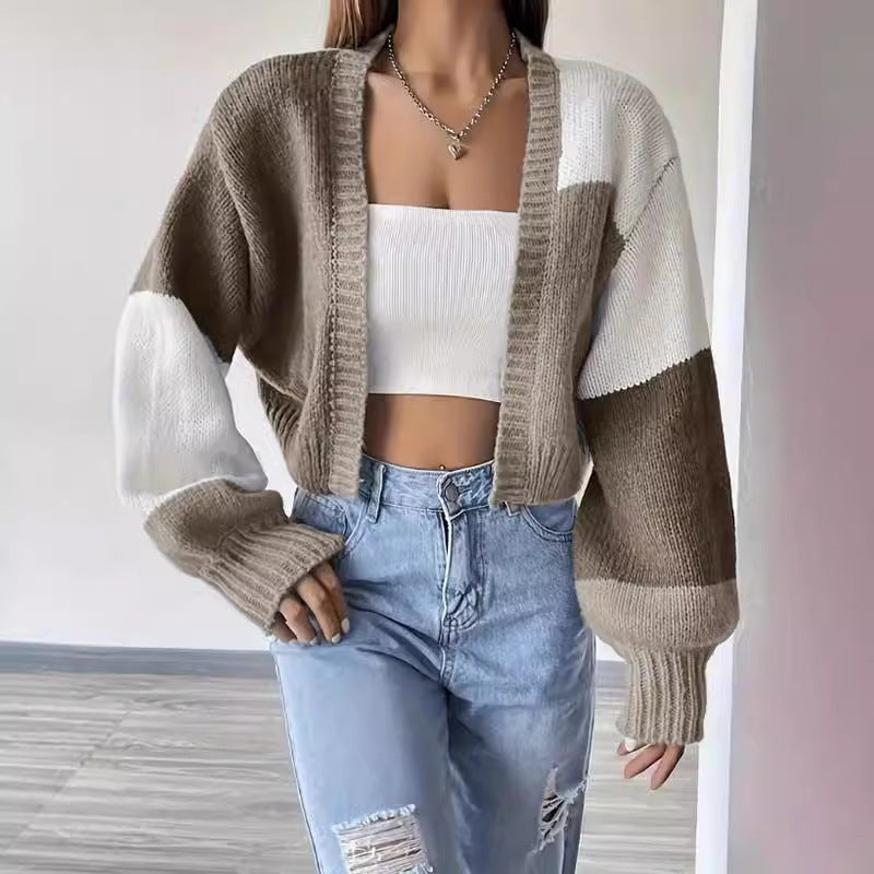Gilet Femme – Coupe Courte – Maille Douce – Manches Longues Bouffantes – Style Décontracté