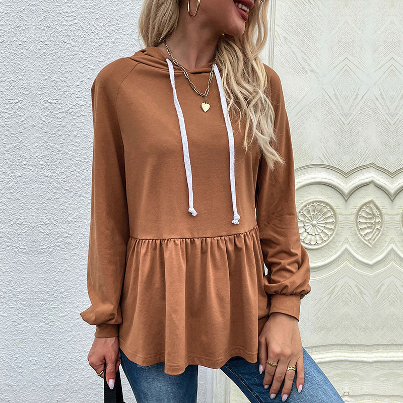 Women's Hoodie - Soft Knit - Relaxed Fit - Puff Sleeves - Ruffled Hem