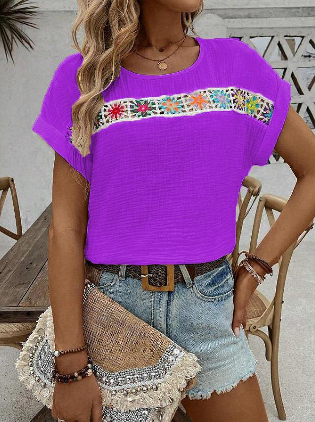 Women's Blouse – Loose Fit – Breathable Crinkled Fabric – Bohemian Embroidered Detail