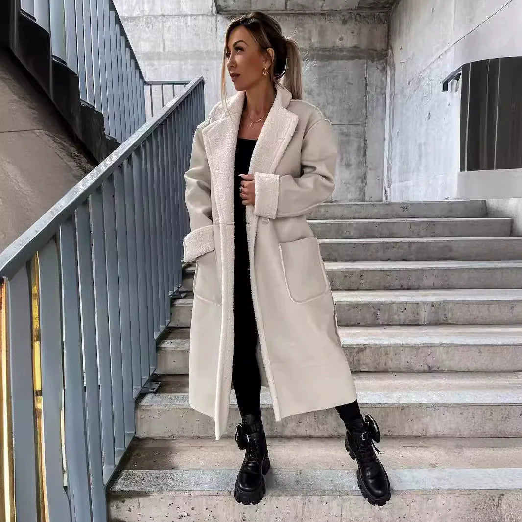 Women's Long Coat - Faux Leather - Oversized Cut - Lapel Collar - Waist Belt