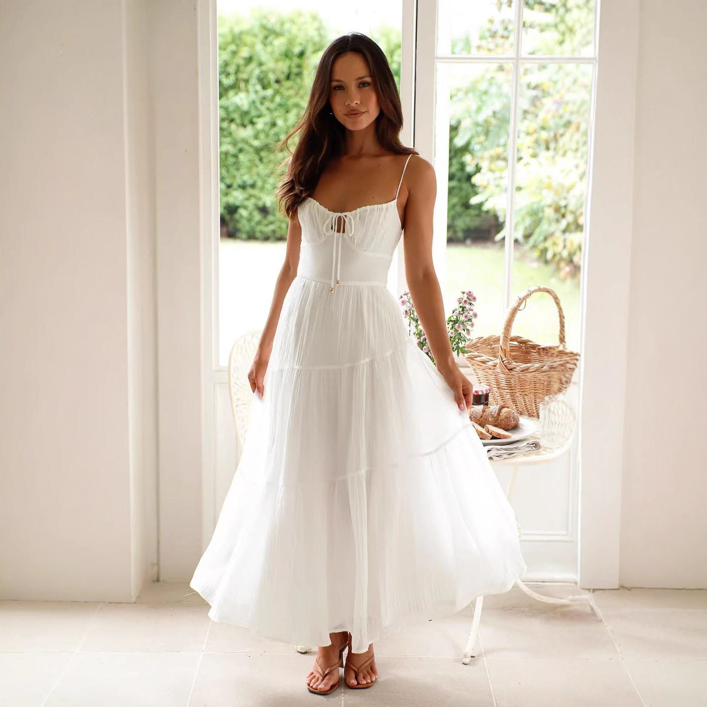 Robe longue femme – Coton léger – Bretelles fines – Dos nu – Jupe à volants