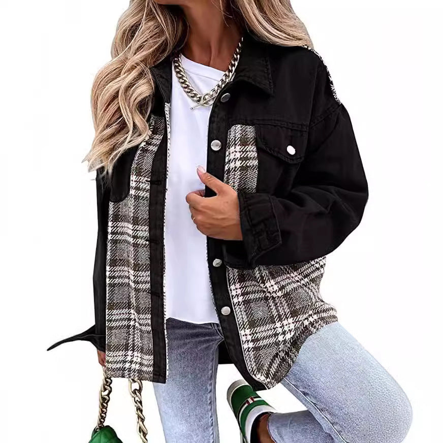 Women's jacket – Oversized cut – Cotton blend – Long sleeves – Denim and plaid style