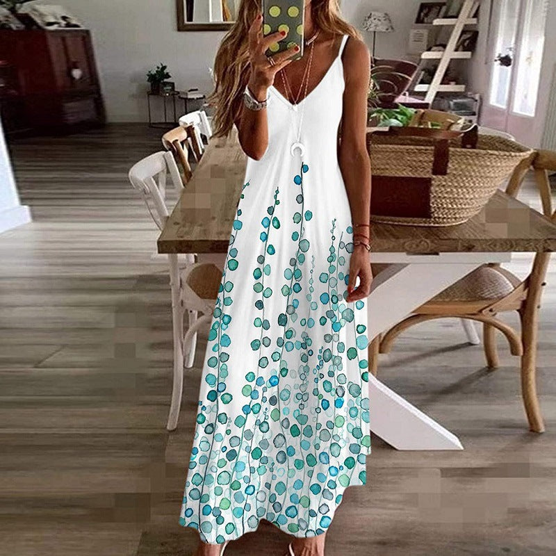 Women's long dress – Loose fit – Thin straps – V-neck – Floral print