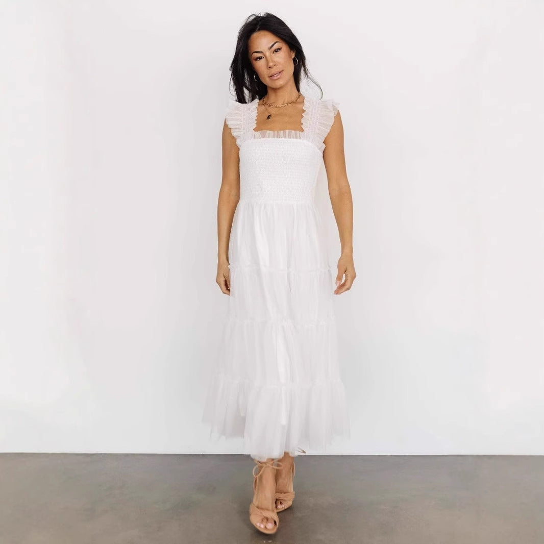Robe midi femme – Haut smocké ajusté – Jupe en tulle à volants – Bretelles à volants