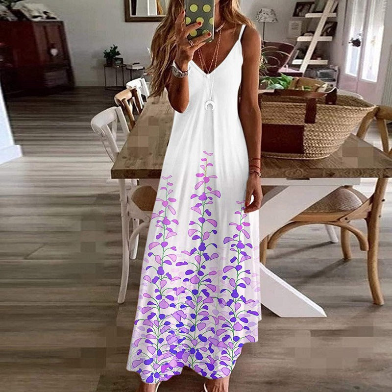 Women's long dress – Loose fit – Thin straps – V-neck – Floral print