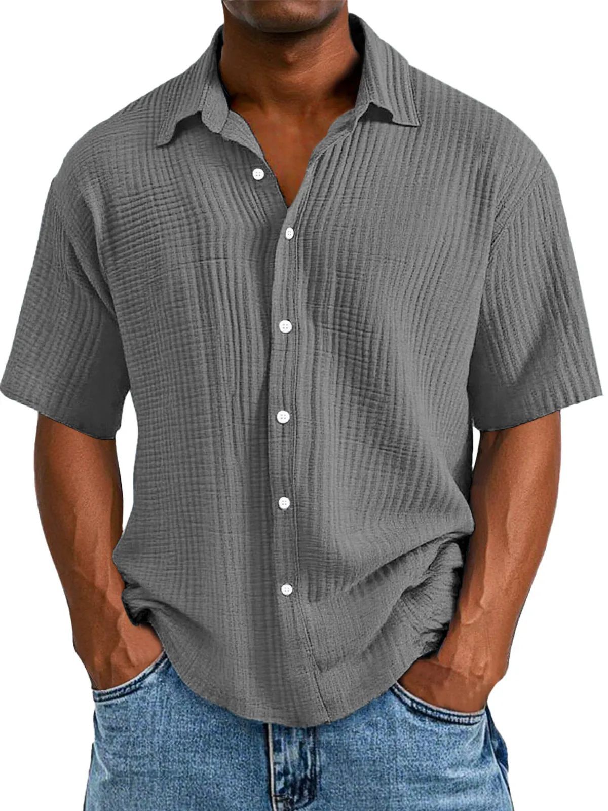 Men's short-sleeve shirt – Relaxed fit – Crinkled fabric – Full button fastening