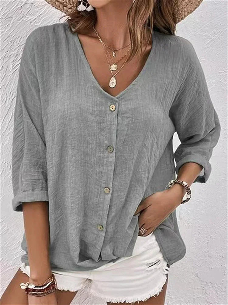Women's blouse – Linen – Relaxed fit – V-neck – Buttoned 3/4 sleeves