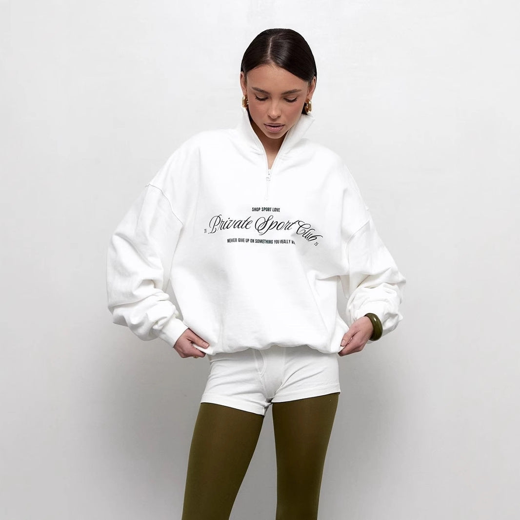 Sweatshirt femme – Coupe oversize – Col demi-zip – Imprimé lettre – Coton mélangé