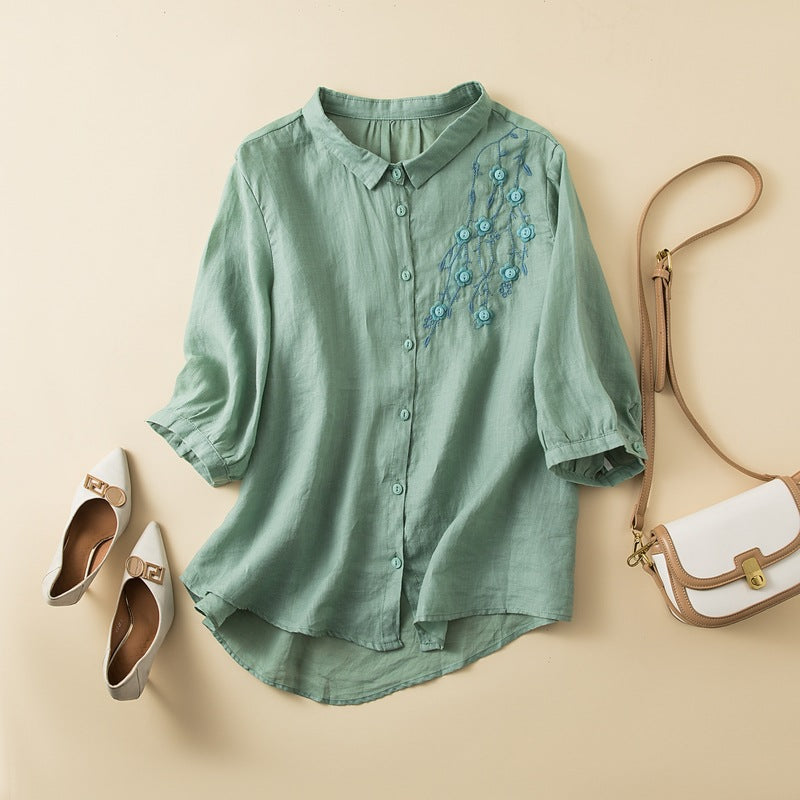 Chemise femme – Fibres naturelles – Coupe décontractée – Manches mi-longues – Broderie florale
