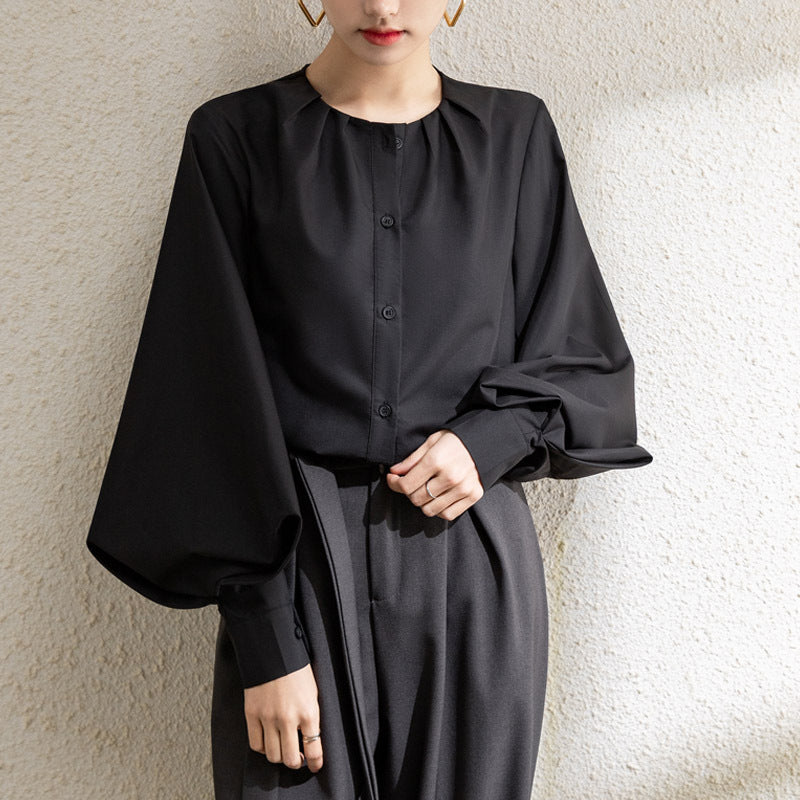 Blouse femme – Coupe ample – Manches lanterne – Col rond – Tissu fluide élégant