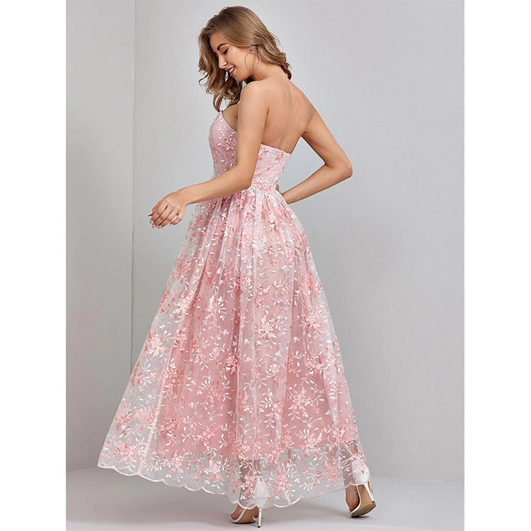 Women's evening dress – Strapless – Embroidered lace – Long flowing cut