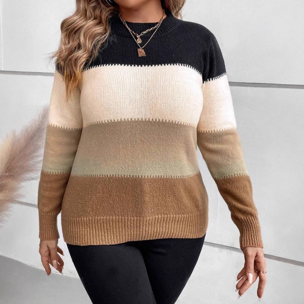 Pull Femme Col Rond – Coupe Ample – Maille Douce – Manches Longues – Motif Color Block