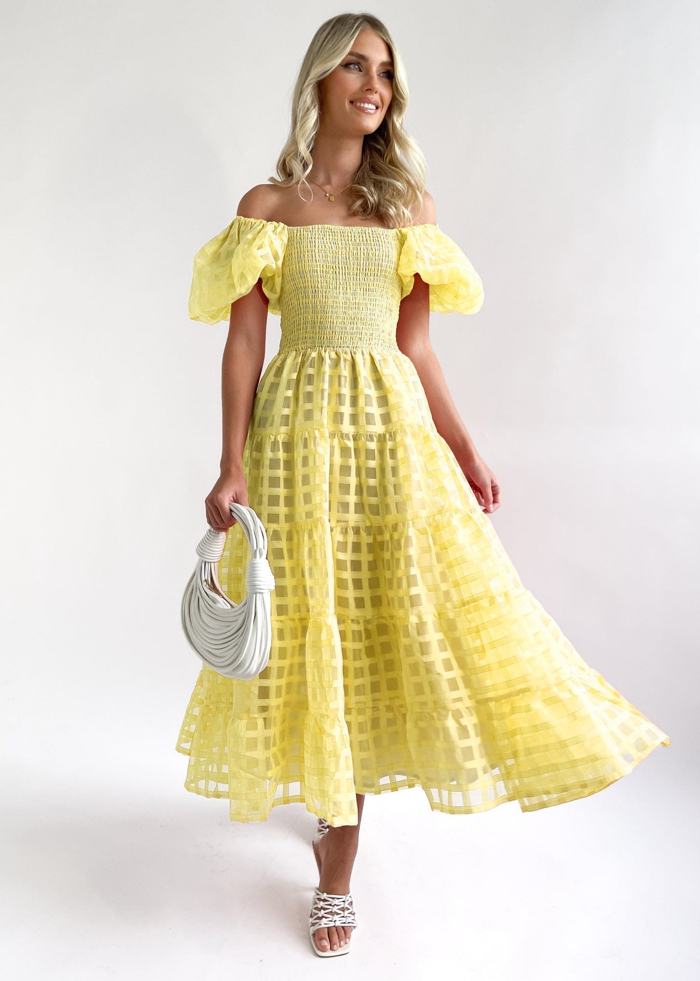 Women's long dress – Off-the-shoulder – Puff sleeves – Smocked waist – Breathable fabric