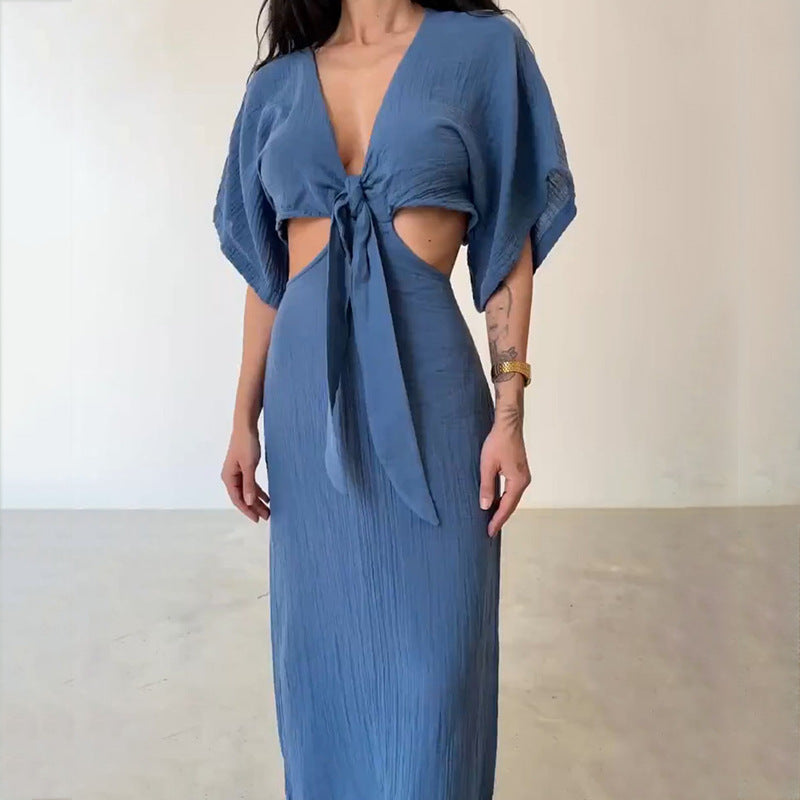 Women's long dress – Fitted cut – Open back – V-neck – Knotted detail – Breathable fabric