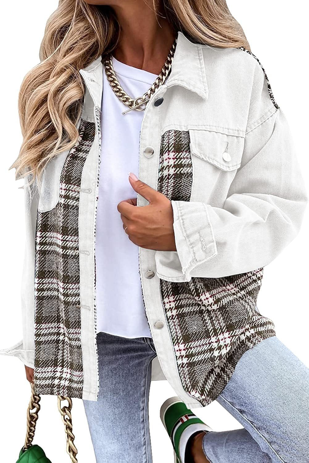 Women's jacket – Oversized cut – Cotton blend – Long sleeves – Denim and plaid style