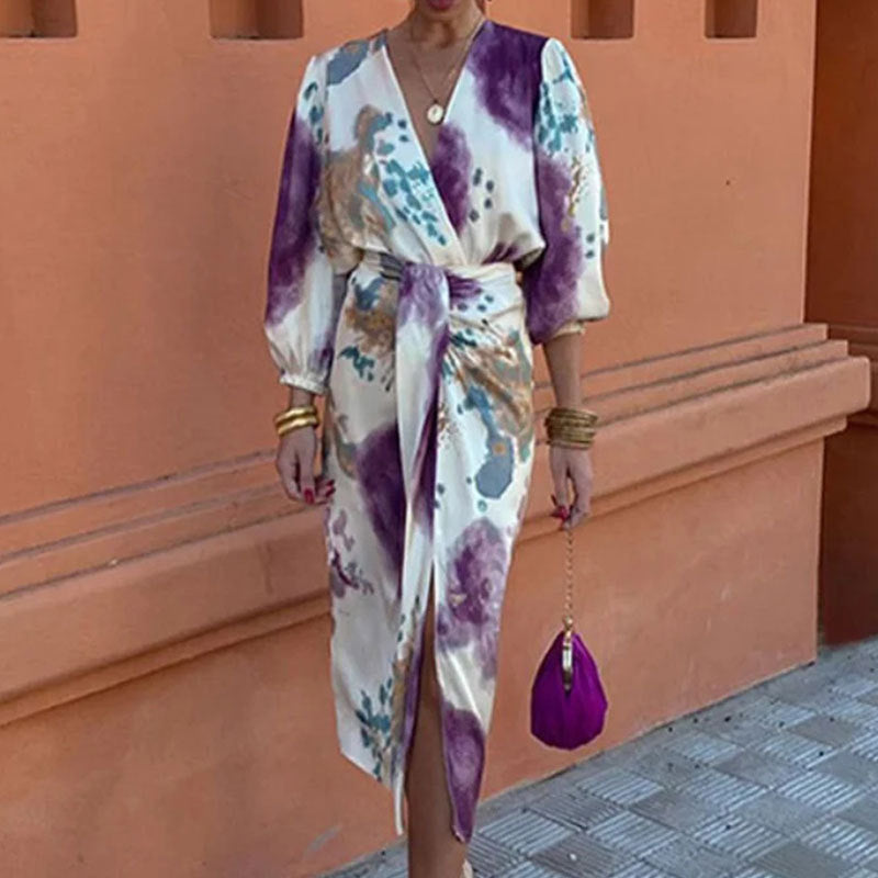 Women's wrap dress – Fitted waist – Voluminous sleeves – Luxury fabric – Asymmetrical hem