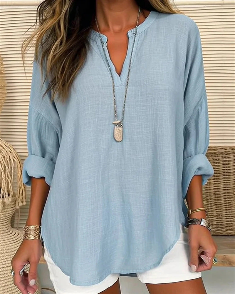 Chemise femme manches longues – Coupe décontractée – Col mao – Tissu respirant élégant