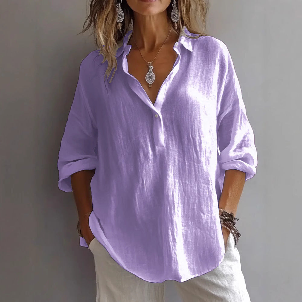 Women's Shirt – V-Neck – Loose Fit – Long Sleeves – Breathable Natural Fibers