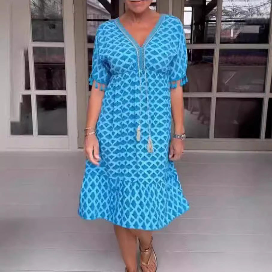 Women's midi dress – Relaxed fit – V-neck with ties – Fringed sleeves – Geometric print