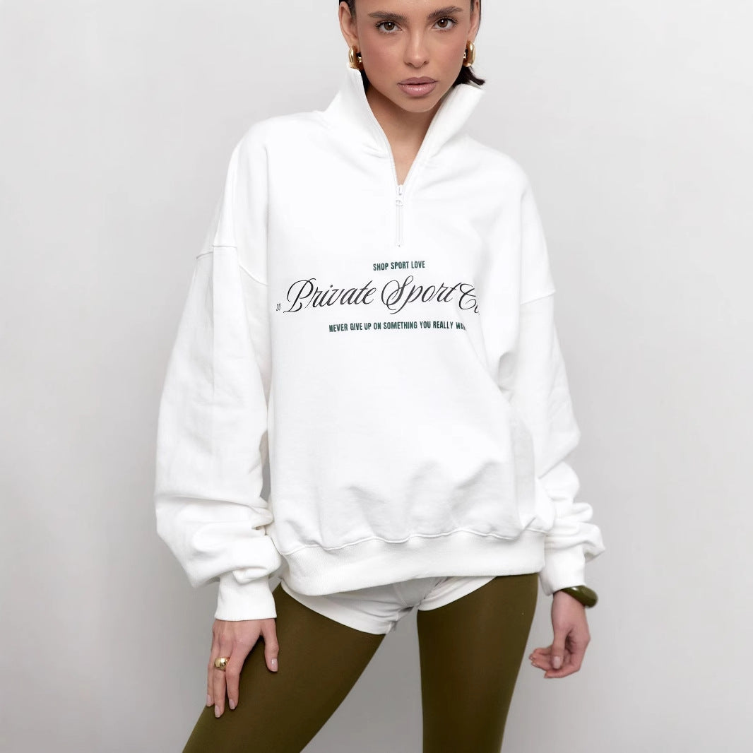 Sweatshirt femme – Coupe oversize – Col demi-zip – Imprimé lettre – Coton mélangé