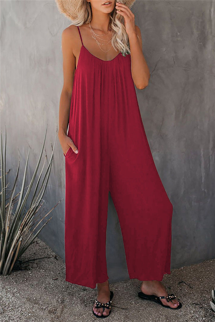 Women's jumpsuit – Relaxed fit – Thin straps – Breathable fabric – Long – Pockets