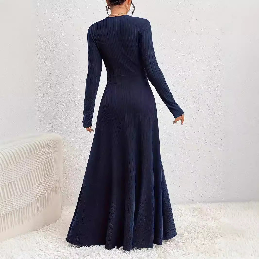 Women's long dress – soft knit – long sleeves – flared cut – V-neck