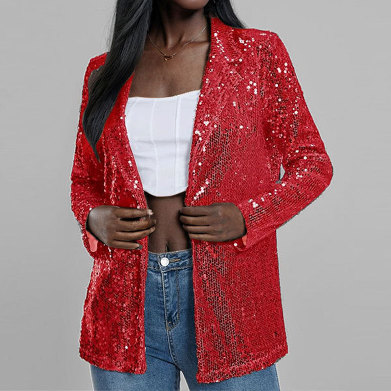 Blazer femme – Coupe cintrée – Sequins brillants – Manches longues – Sans fermeture