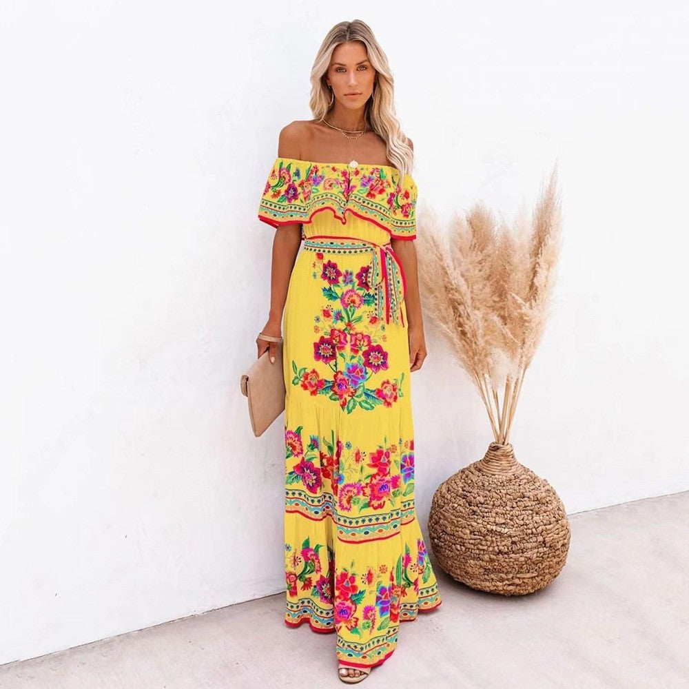 Women's long dress – Off-shoulder – Ruffles – Floral print – Ruffled skirt – Belted