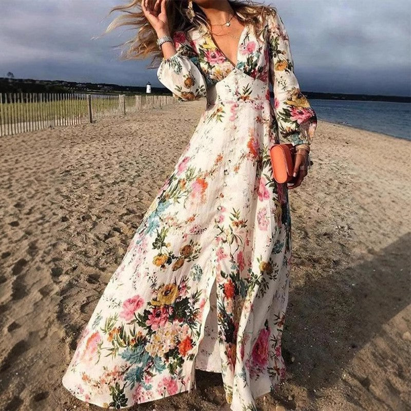 Women's long dress – Flared fluid cut – V-neck – Long sleeves – Breathable fabric