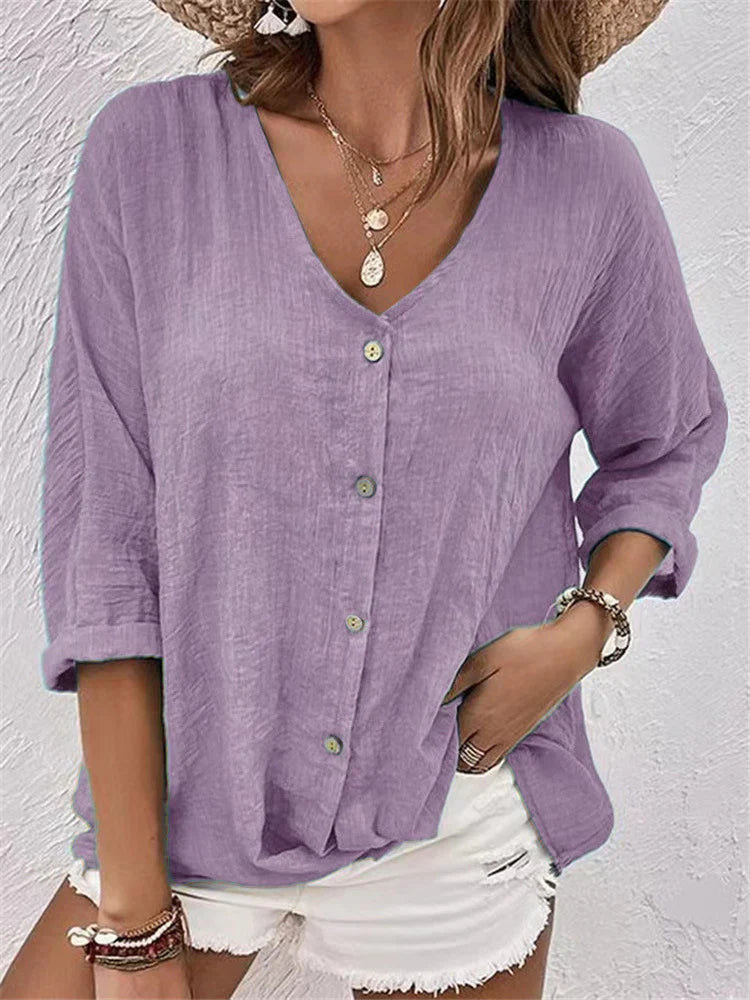 Women's blouse – Linen – Relaxed fit – V-neck – Buttoned 3/4 sleeves