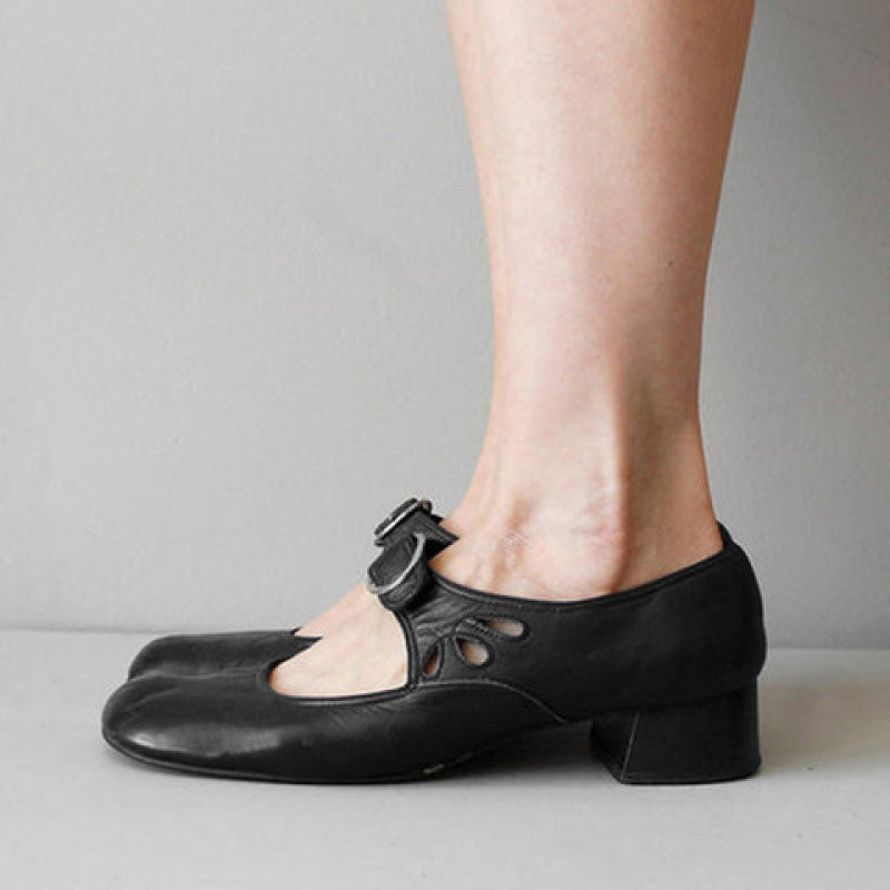 Chaussures habillées femme – Talon bas confortable – Bout rond – Bride à boucle vintage