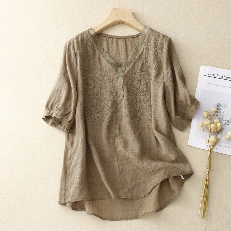 Women's Short-Sleeve Shirt – Loose Fit – V-Neck – Elegant Embroidery – Breathable Fabric