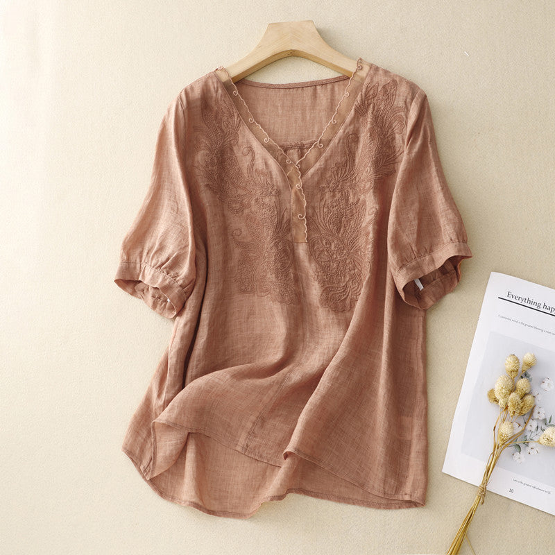 Chemise femme manches courtes – Coupe ample – Col V – Broderie élégante – Tissu respirant