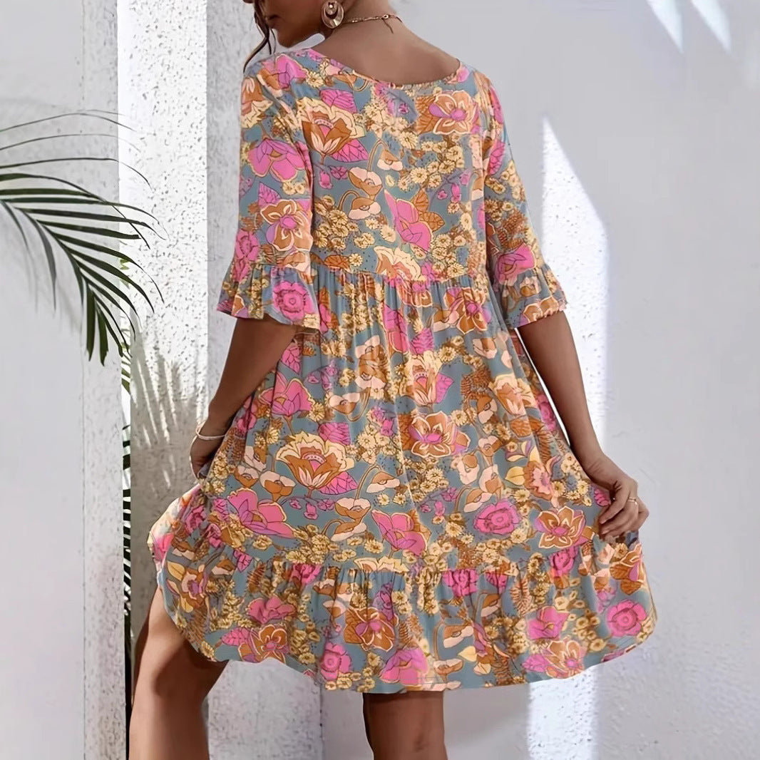 Women's dress – Fluid cut – V-neck – 3/4 ruffled sleeves – Floral print – Cotton