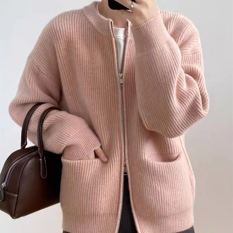 Gilet femme en maille – Coupe oversize – Fermeture double zip – Maille côtelée douce