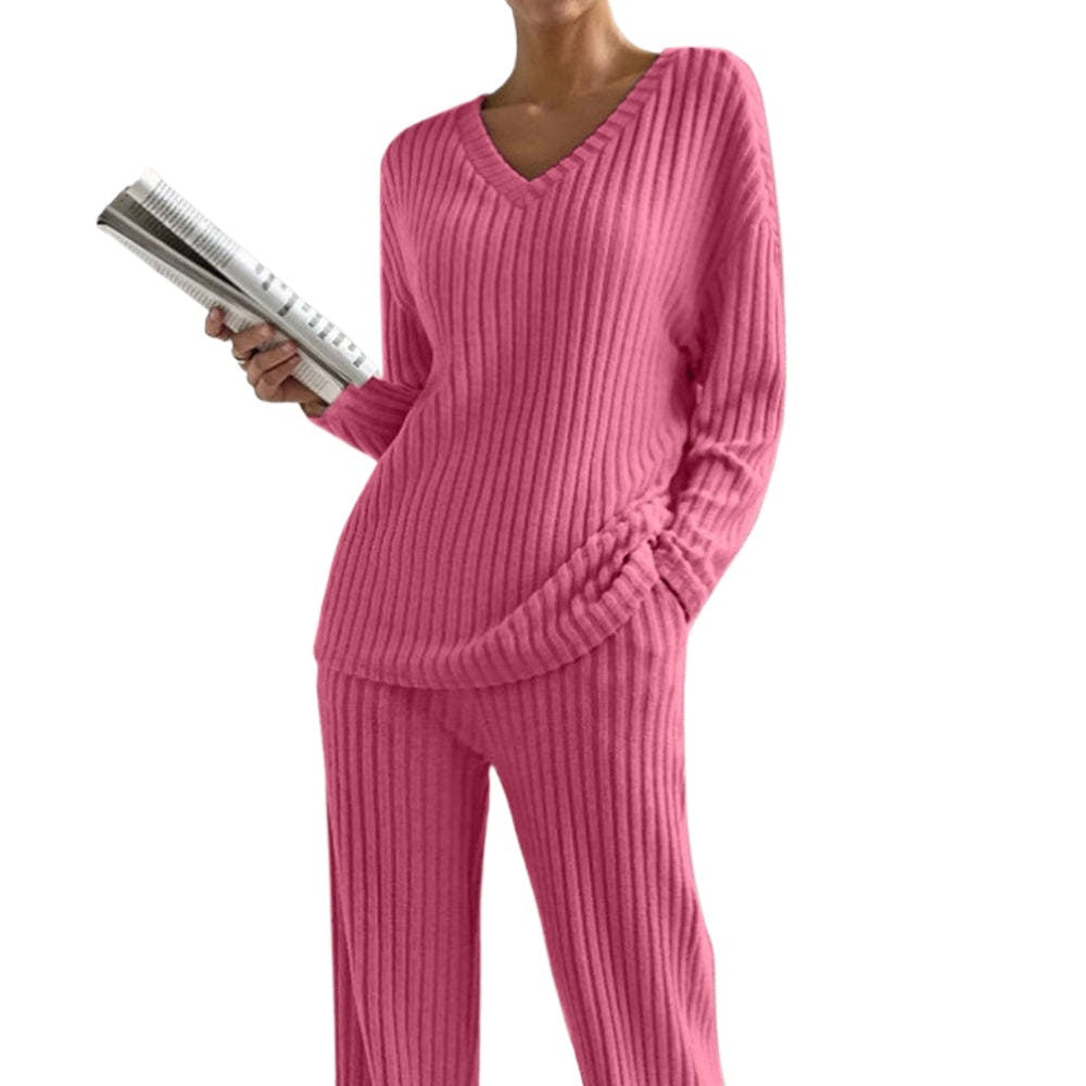 Ensemble Femme – Haut Col V Manches Longues – Pantalon Droit
