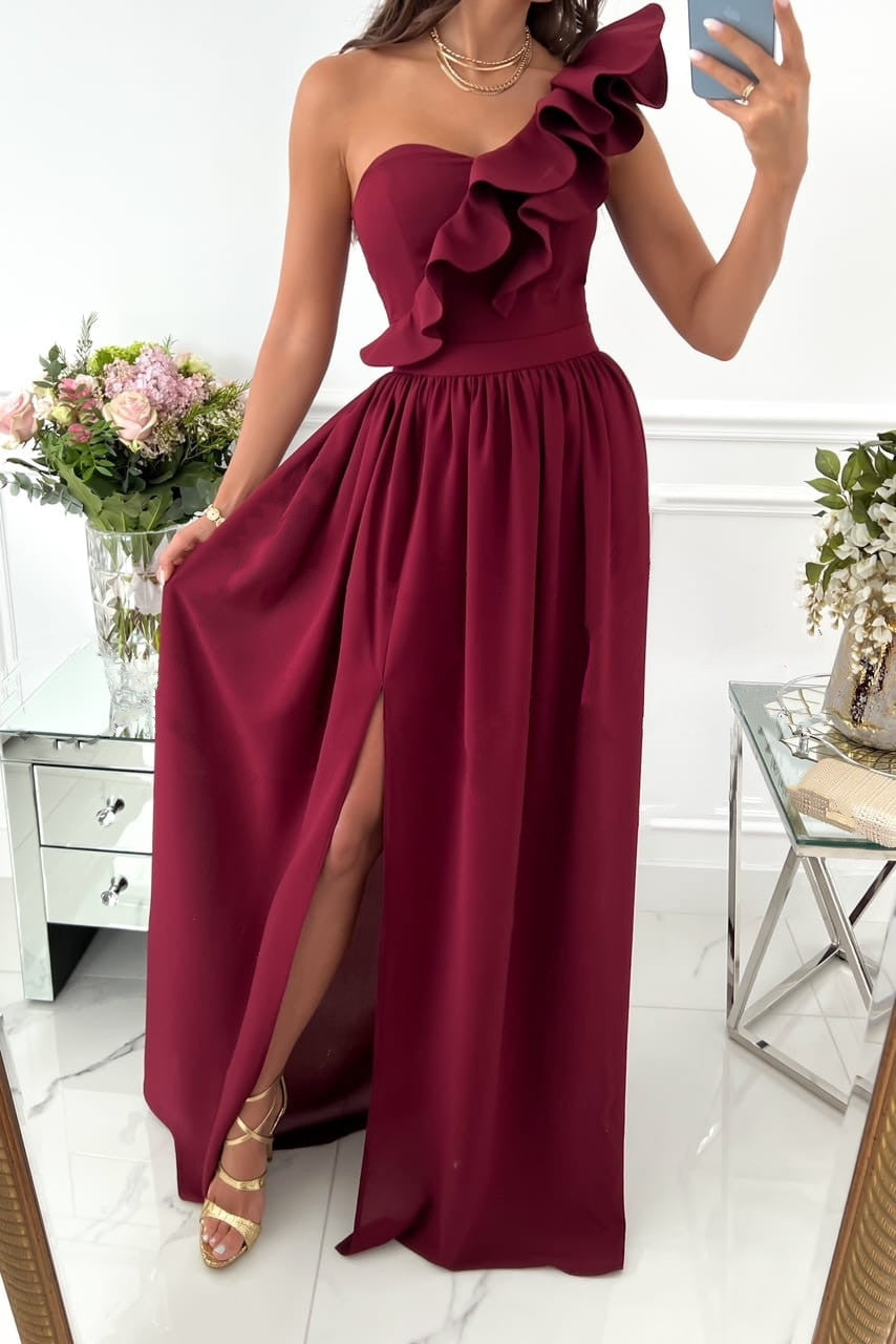 Robe de soirée femme – Satin lisse – Une épaule – Volant – Fente haute élégante