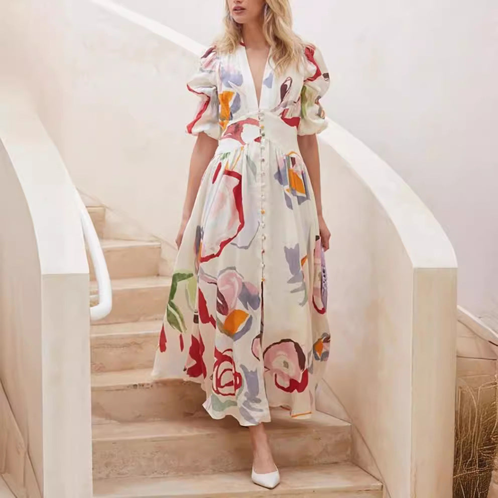 Women's long dress – Natural fibers – Relaxed fit – Balloon sleeves – Buttoned