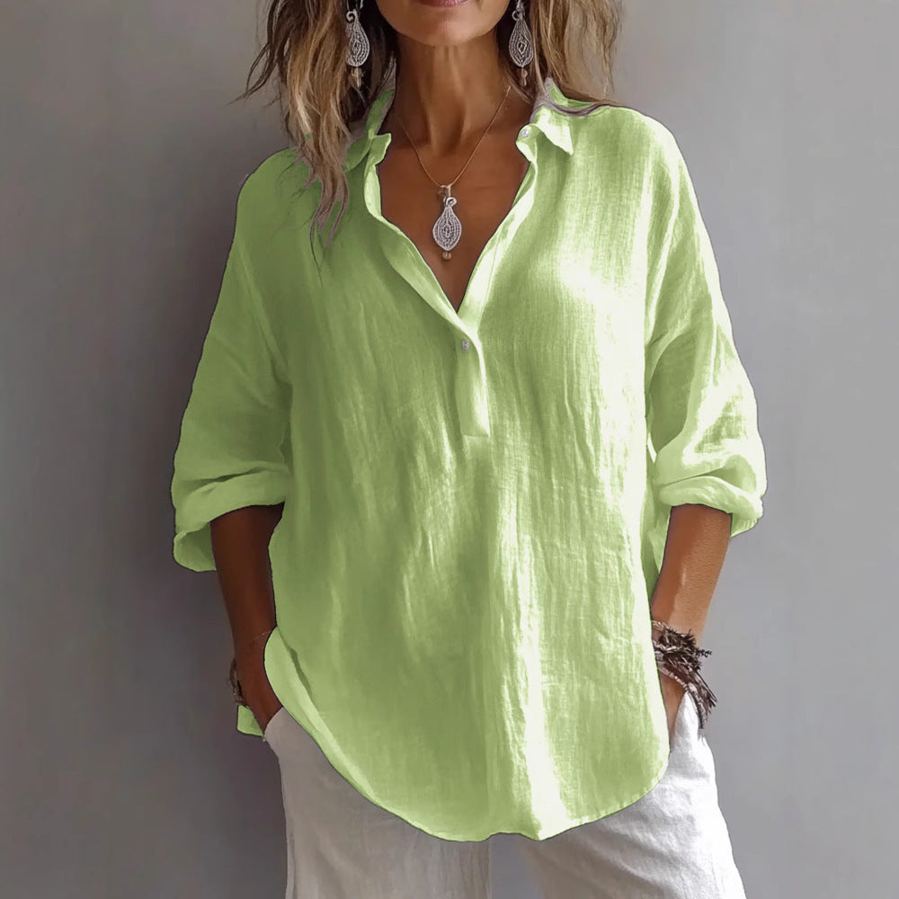 Women's Shirt – V-Neck – Loose Fit – Long Sleeves – Breathable Natural Fibers