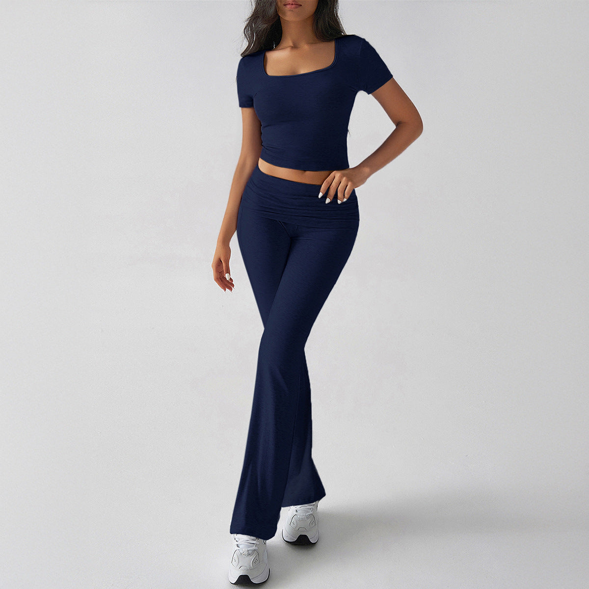 Women's Two-Piece Set – Fitted Crop Top Square Neck – High-Waisted Flared Pants